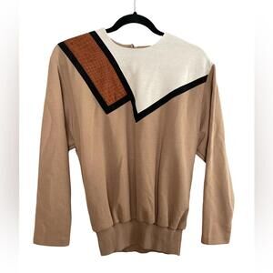 80's Vintage Brown & Cream Geometric Print Gathered Waist Blouse Size M